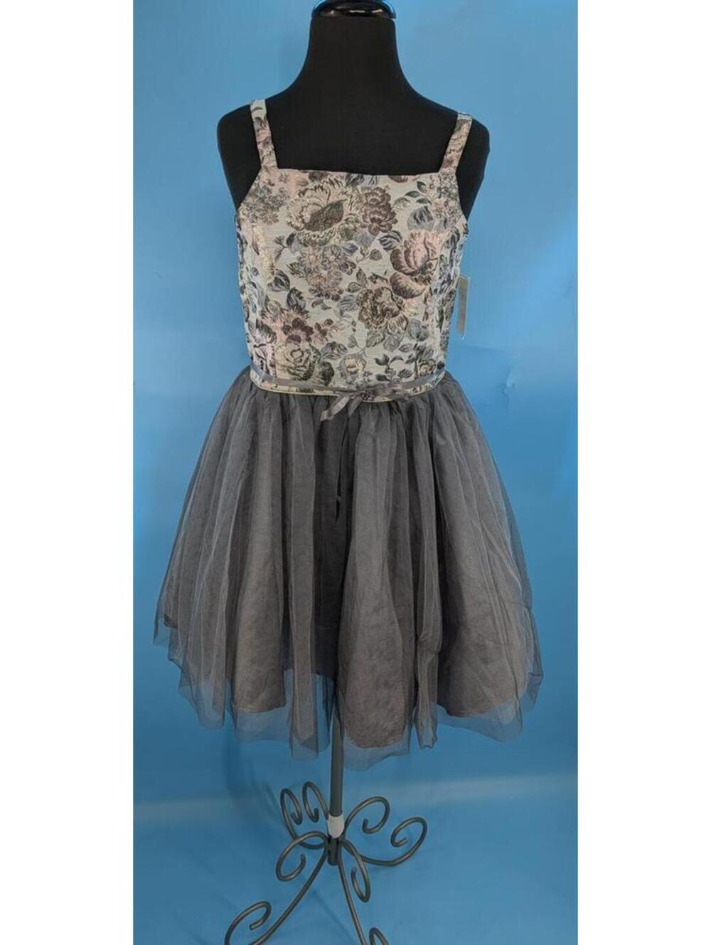 Zunie Girls Floral‎ Brocade & Grey Tulle Dress NWOT Size 16